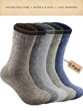 Merino Wool Blend Thermal Hiking Crew Socks 5 Pack